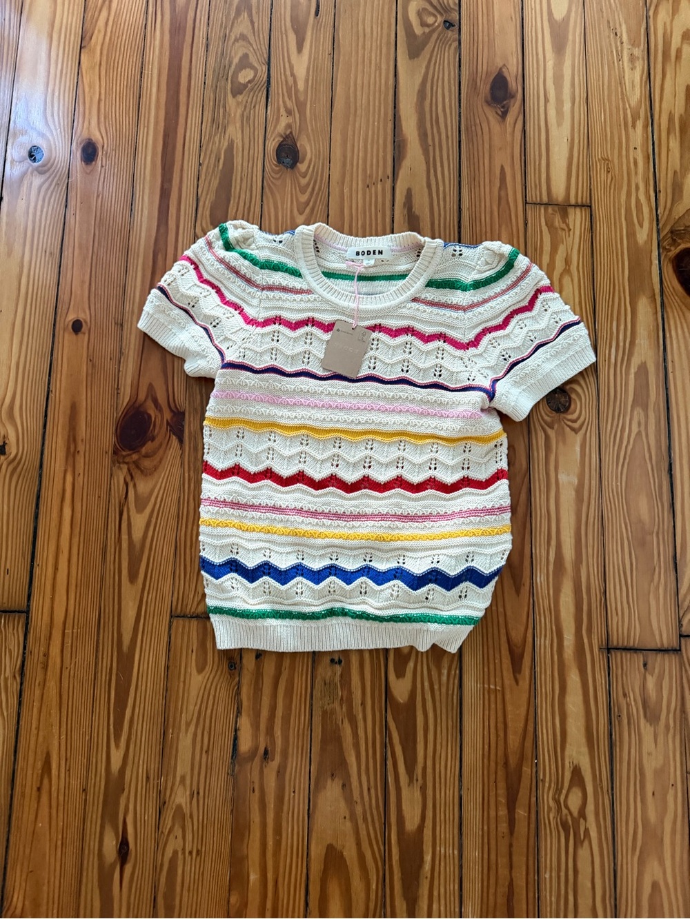 Boden Monica Cream Short-Sleeve Pointelle Stripe Knit Top xs - Picture 2 of 2